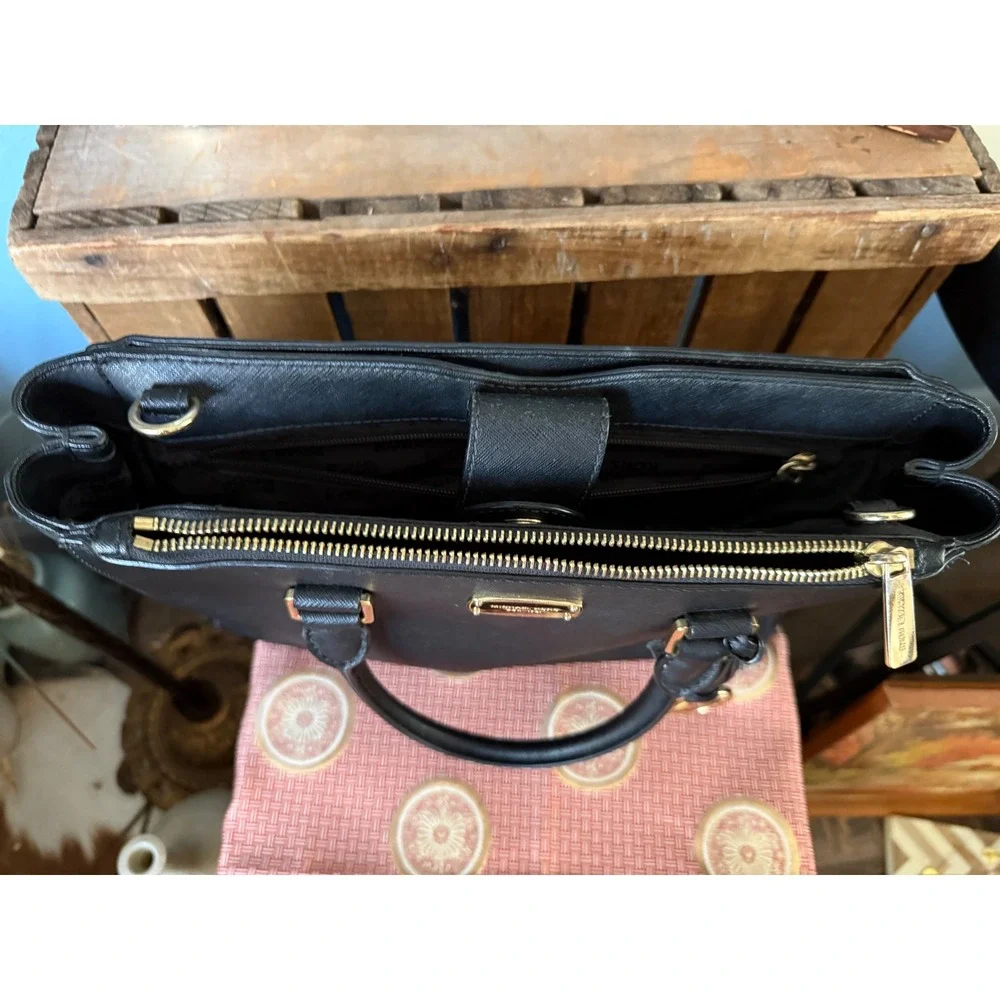 Michael Kors Black Saffiano Leather Satchel Handbag Gold Hardware MK Charm